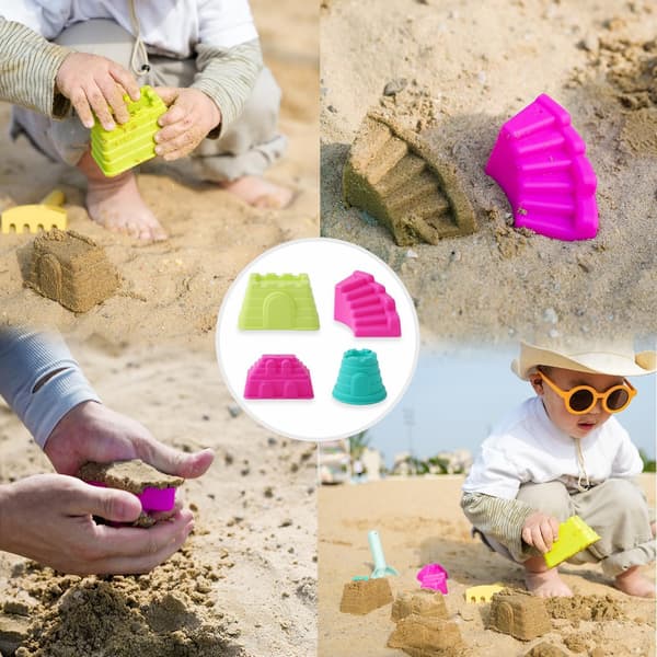 Compact 8-piece foldable bucket set with shovel, rake, double sifter for shark teeth or shells, and castle molds, perfect for outdoor use Blue