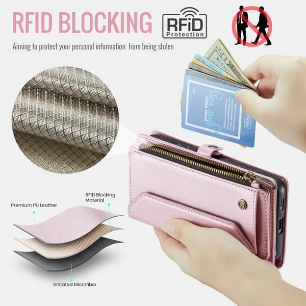 Samsung Galaxy S26 5G Case with Card Slot, Zipper Wallet, RFID Protective Leather Rosa