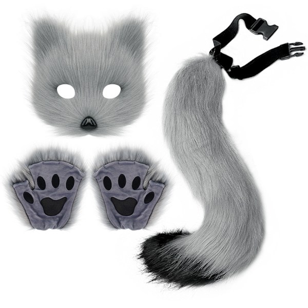 Therian Tassar Pälsmask & Svans Set Flickig Kattmask Halloween Party Kostym[ch] Grey