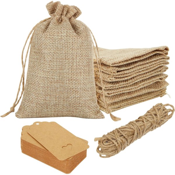 50 stk små hessianposer med snøre 10x15cm Juteposer Burlap Gaveposer Hessian Snøreposer