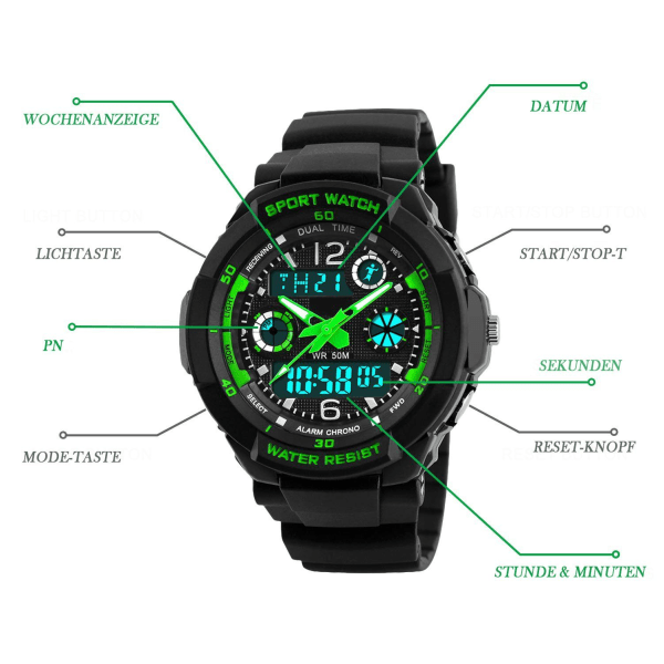 Digitaaliset poikakellot, vedenkestävät lastenkellot 12/24 tunnin näytöllä