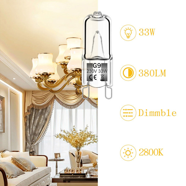 12-pakning G9 Halogenpærer 33W 230V 2800K Varmhvit 380lm, Klar Kapsel Dimma...