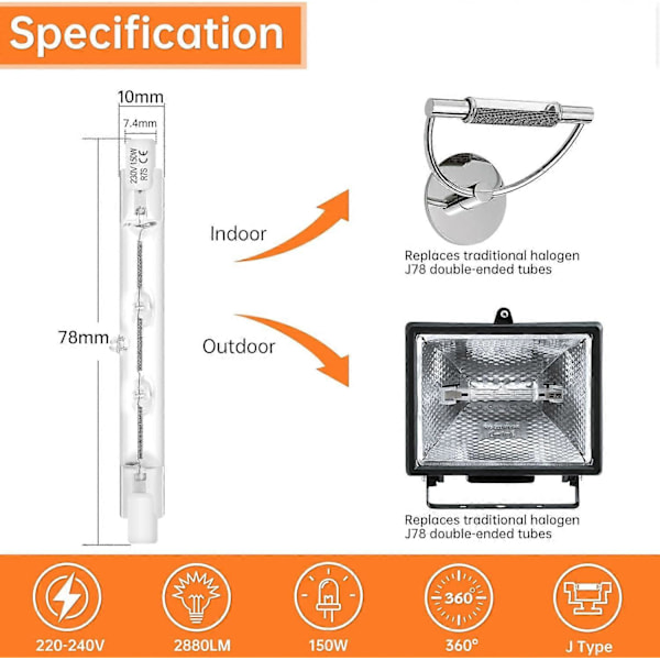 6-pak R7s Halogenlampe 118mm 230W Dimbar 230V 4650lm 2800K Varmhvit Energisparende Wolfram Lineære Lamper Floodlight J118 [Db] 78mm