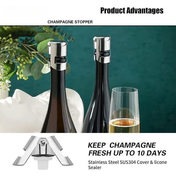 Genanvendelig Champagneprop 2-pak, Forsegling i rustfrit stål til mousserende vin og Cava silvery-2pcs