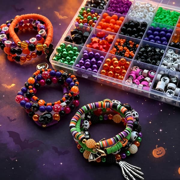 Halloween perlearmbåndssæt, græskar- og kranieperler til smykkefremstilling