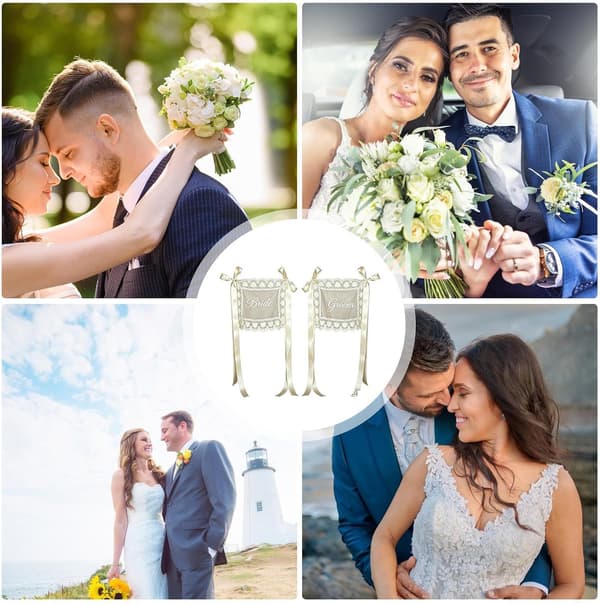 Vintage-inspireret \"Just Married\" stolskilt med hjertebånd (Pe)