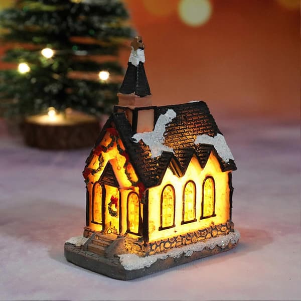 Liten snötäckt husdekoration med LED för skrivbordet, festpresent (Peng) D