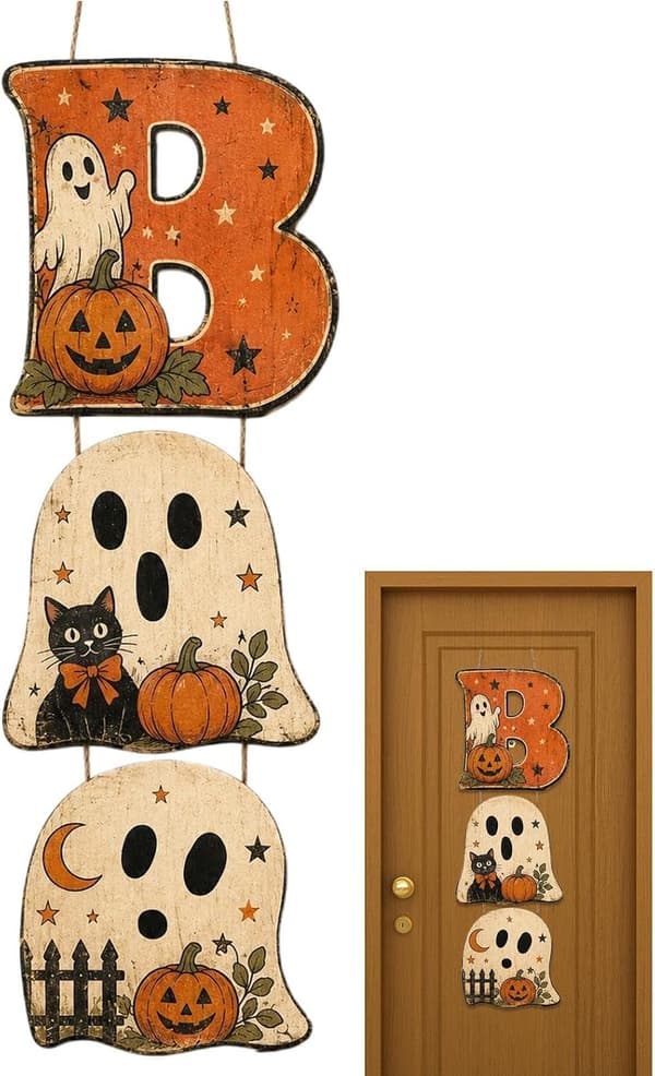 Halloween-dekoration i trä Spöke Svart Katt Pumpa Dörrskylt (Pe)