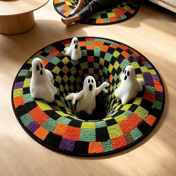 Halloween skridsikkert indendørs tæppe - Optisk illusion design, rundt, 60x90 cm (Pe)