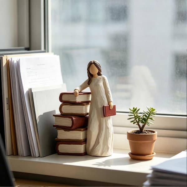 Staty av flicka med bok, handmålad skulpturdekoration (Peng)