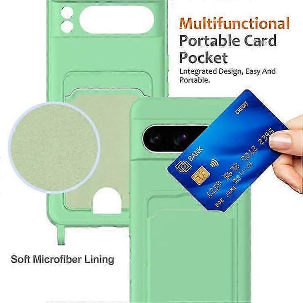 Kompatibelt etui til Google Pixel 8 Pro, flydende silikone, kortholder, bagcover med snor (Peng) Green