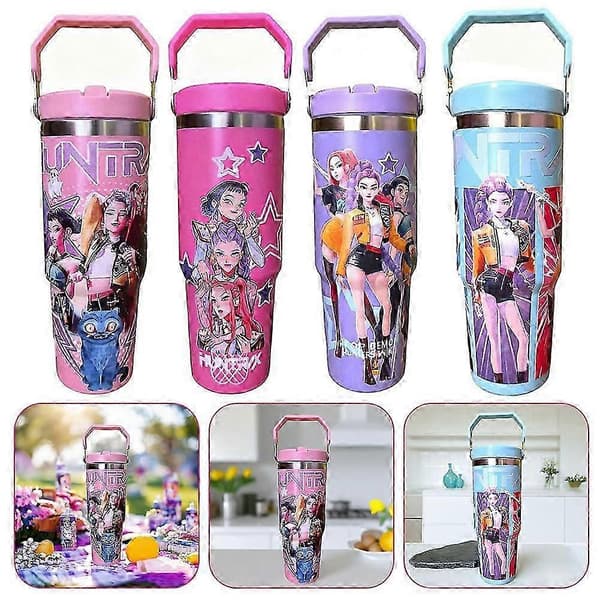 K-Pop Ghost Hunter Termosmugg med lock och sugrör - 30oz Isolerad Termosmugg i Rostfritt Stål för Barn (PE)