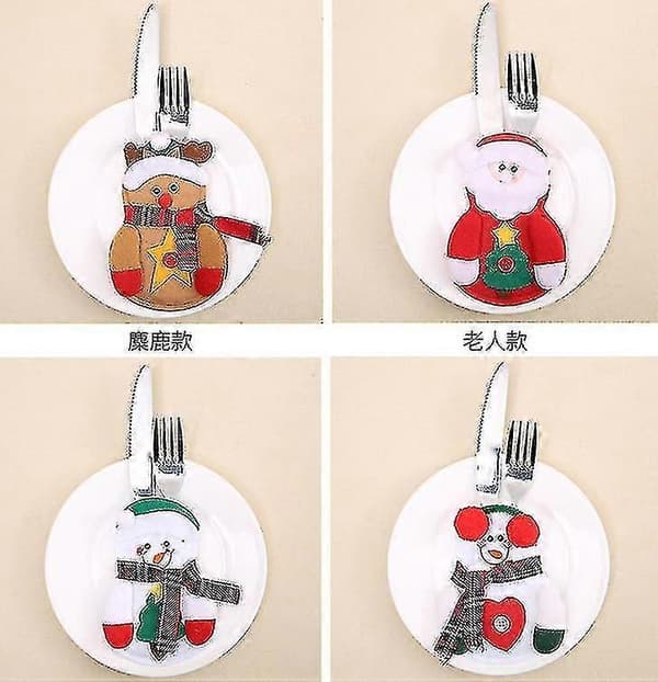 4-pack julbestickhållare set Snögubbe Jultomte Älg bestickpåsar för jul (Peng)