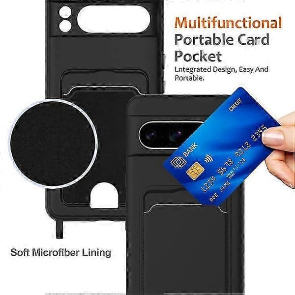 Kompatibelt etui til Google Pixel 8 Pro, flydende silikone, kortholder, bagcover med snor (Peng) Black