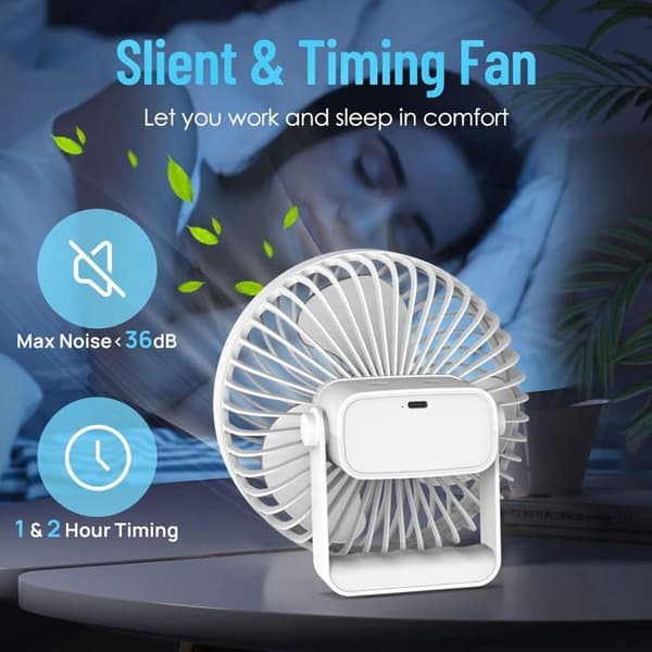 JZSH Bærbar Ventilator - 4-trins USB Ventilator med LED Lys og Timer - Til Hjemmet, Camping og Kontorbrug - Genopladelig (Pe)