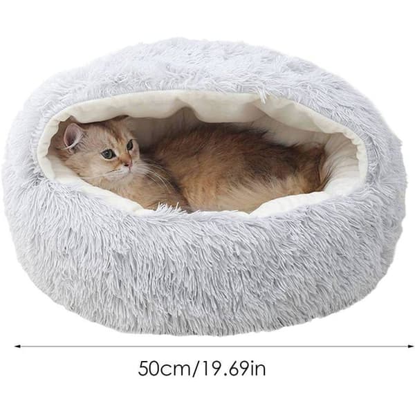 Plysch kattsäng, lugnande och varm iglooformad sovsäck för innekatter och valpar (50cm/grå)