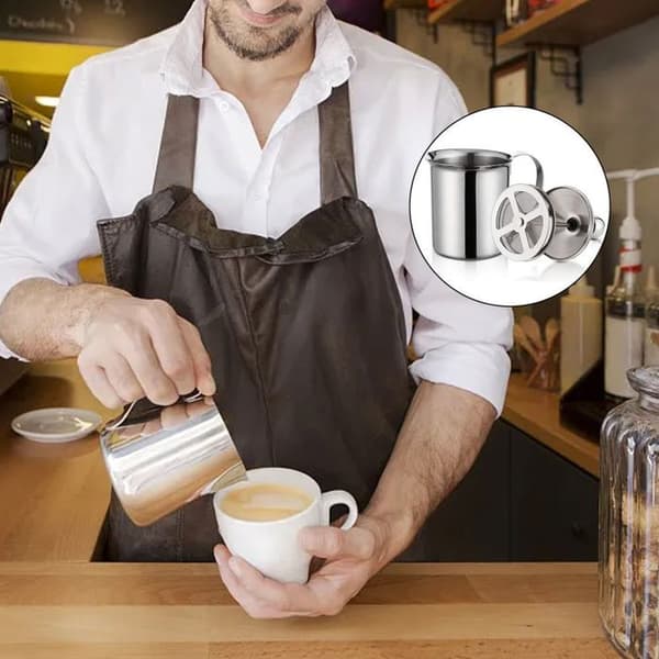 400 ml manuel mælkeskummer i rustfrit stål, dobbeltnet, til kaffe, latte, varm chokolade, cappuccino, Lefou STOL (Pe)