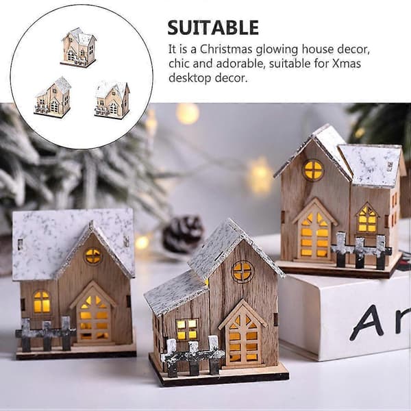 Lysande trähus bordsdekoration julstil vardagsrum dekorativ 9,4x8,2x7,2 cm 3-pack (Peng)