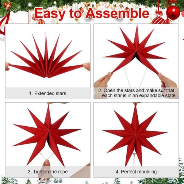 Foldbare 9-takkede papir julestjerner – 30 cm – mørkegrøn/rød/hvid (Pe)