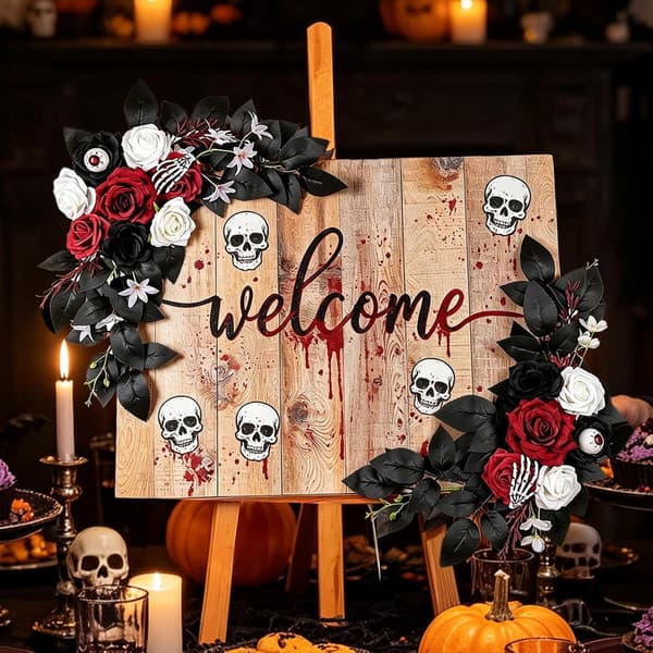 Spooky Skeleton Floral Garland Backdrop Panel Dekoration för Halloweenfest (Pe)