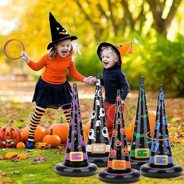 Halloween fest legetøj og spil, oppusteligt heksehat ringkast-spil med point, plastikringe, luftpumpe (Peng) Multicolor