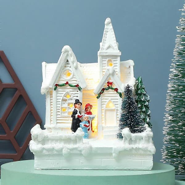 Julepynt Landsbyhuse By med varmt hvidt LED-lys Julepynt Mini Resin Figur Borddekoration (Peng) B