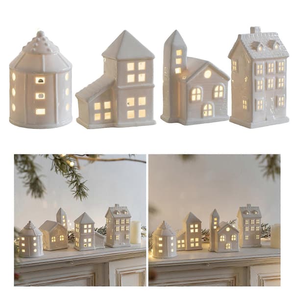 Julelandsby-husfigur i porcelæn med LED-lys, lysende husstatue i keramik til julebordpynt (Peng) Christmas tree house
