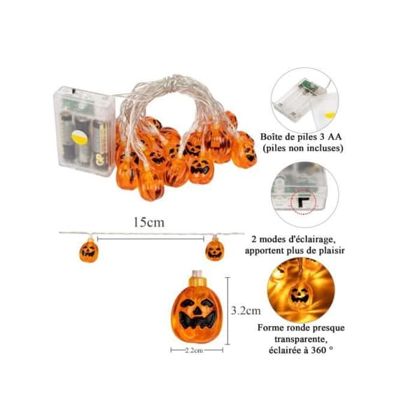 Græskar lyskæde - Halloween - 20 LED'er - 3M - Justerbare belysningstilstande - Indendørs (Pe)