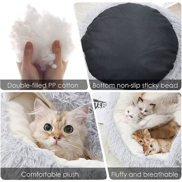 Plysch kattsäng, lugnande och varm iglooformad sovsäck för innekatter och valpar (50cm/grå)