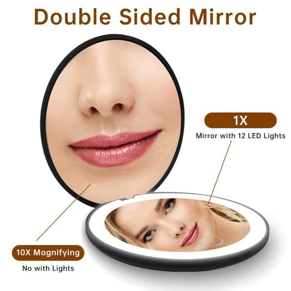 LED Rejse Makeup Spejl - 1 stk, dobbeltsidet 1x/10x, lyst, kompakt, bærbart - Velegnet til rejser, makeup. (Pe)