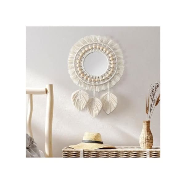 Vægspejl - Boho - Rundt - Makramefrynser - Fjervedhæng - 32 cm Diameter (Pe)