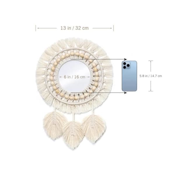 Vægspejl - Boho - Rundt - Makramefrynser - Fjervedhæng - 32 cm Diameter (Pe)