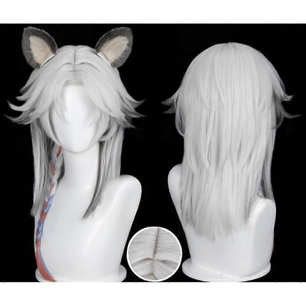 Vit-grå gradient cosplay-peruk för män med öron och fläta, värmebeständig anime-peruk (Peng)