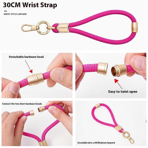 LEEU DESIGN 30 cm handledsrem 6 mm polyester-telefonrem med fästbricka i guldpläterat rostfritt stål (Peng) Multicolor Pink