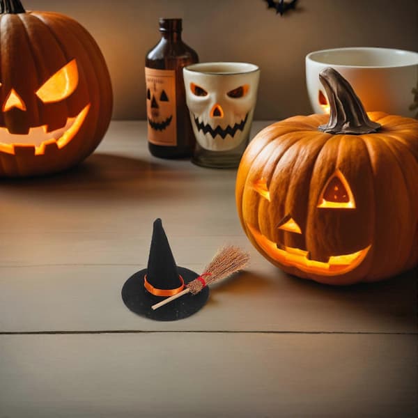 Mini-häxhattar och kvastar för Halloween-dekoration, 12-delars set för dockskåp (Peng)