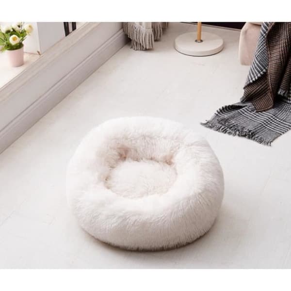 Hund- och kattbädd, rund plysch vinterhusdjursbädd, 50 cm beige (Pe)