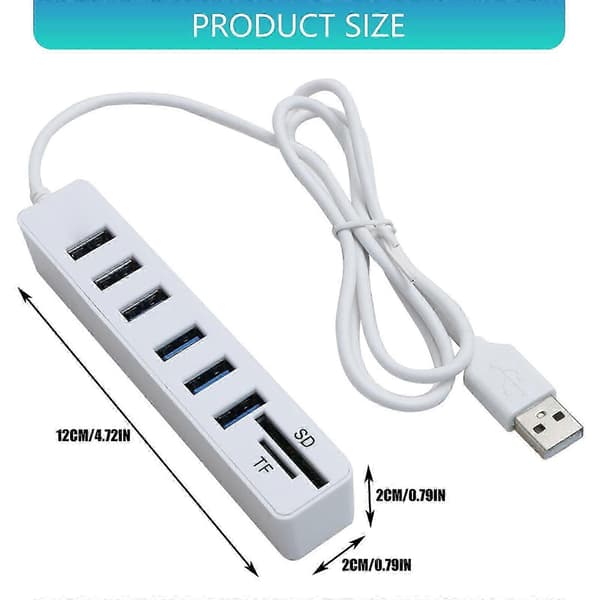 6-portars USB 2.0-hubb med integrerad kabel, perfekt för kontorsdatorer, bärbara datorer och hemunderhållningssystem (PE)
