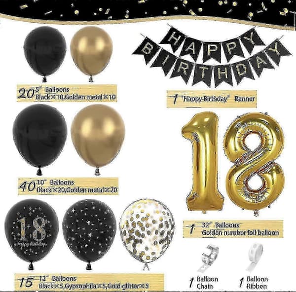18-års fødselsdag ballonbue dekorationssæt, sort og guld tema til drenge og piger (Peng)