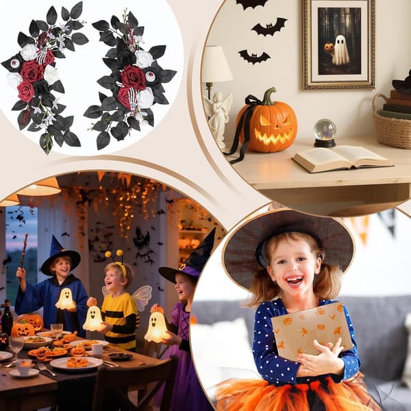 Spooky Skeleton Floral Garland Backdrop Panel Dekoration för Halloweenfest (Pe)