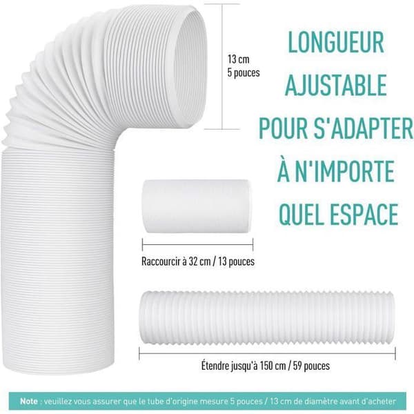 AGPTEK Flexibel PP Luftavgasrör, 130 mm Diameter, 1,5 m Längd för Bärbar Luftkonditionering, Vit, 15 mm Diameter (Pe)