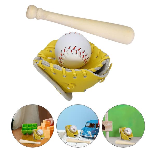 Dockskåp Baseboll-set Mini Basebollträ Handske och Boll 3-pack för dekoration (Peng)