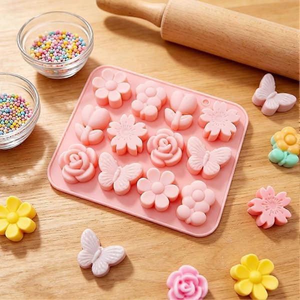 Silikonform med blommor och blad för choklad, pudding, tårtbakning, återanvändbar DIY-form för lim och lera (Peng) B
