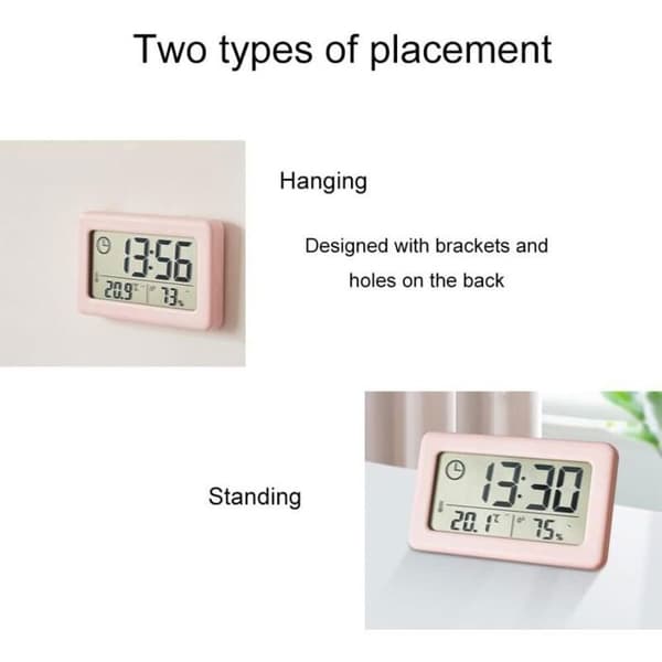 Elektronisk termometer og hygrometer, lille ur, digital temperatur- og fugtighedsindikator, pink (Pe)