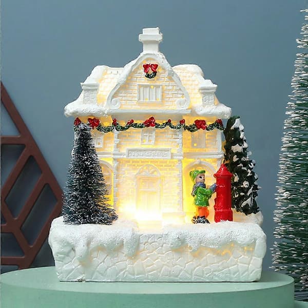Julepynt Landsbyhuse By med varmt hvidt LED-lys Julepynt Mini Resin Figur Borddekoration (Peng) B