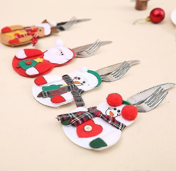 4-pack julbestickhållare set Snögubbe Jultomte Älg bestickpåsar för jul (Peng)