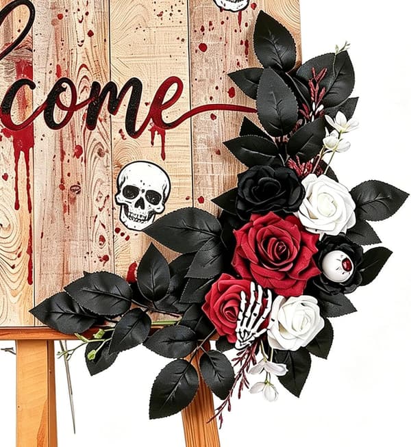 Spooky Skeleton Floral Garland Backdrop Panel Dekoration för Halloweenfest (Pe)