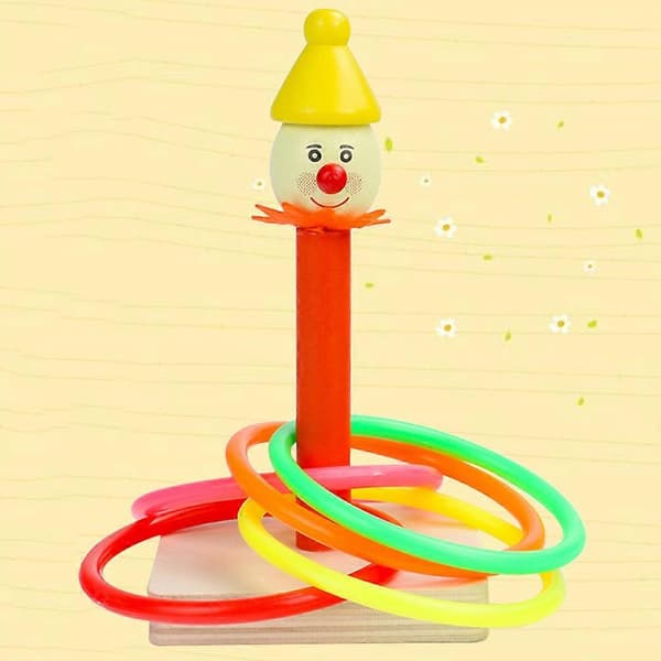 Ringkastningsspel i trä med clown-tema för barn, 1 set (Peng)