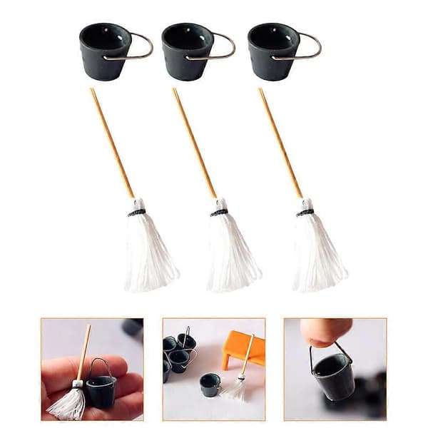 Miniatyr-mopphink-set Dekorativt mini-moppset för städning av dockskåp 3 set (Peng)