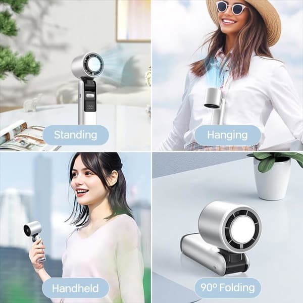 Bærbar is-køleventilator, 100 hastigheder, foldbart LED-lys, USB genopladelig, hvid (Pe)