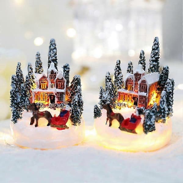 LED-oplyste juleby-figurer 2 stk. lysende miniature vinterby-hus juleby-bybordpynt (Peng)